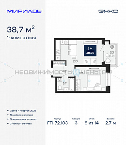 1 комн., 38.7м2, 8/16, Мириады, Тюмень