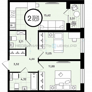 2 комн., 55.67м2, 1/4, Зеленые Аллеи, Тюмень