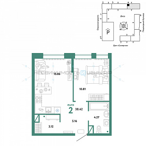 2 комн., 38.42м2, 14/16, Юнион, Тюмень