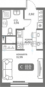 1 комн., 22.51м2, 9/20, Меридиан Слобода, Тюмень