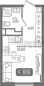1 комн., 21.29м2, 12/21, Меридиан Слобода, Тюмень