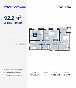 3 комн., 92.2м2, 4/24, Тюмень