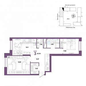 3 комн., 62.24м2, 12/25, Европейский берег, Тюмень