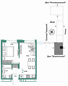 2 комн., 36.98м2, 9/15, Домашний, Тюмень