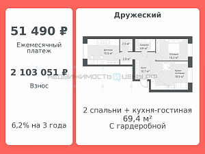 2 комн., 69.4м2, 10/14, Дружеский, Тюмень