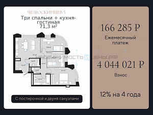 3 комн., 71.3м2, 4/9, Челюскинцев 5, Тюмень