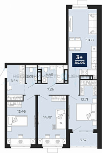 3 комн., 84.06м2, 12/21, Тюмень