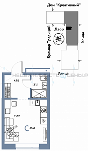 Студия, 24.05м2, 3/15, Домашний, Тюмень