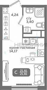 1 комн., 21.81м2, 13/21, Меридиан Слобода, Тюмень
