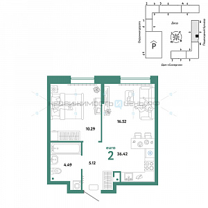 2 комн., 36.42м2, 2/16, Юнион, Тюмень