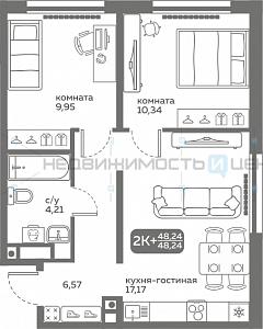 2 комн., 48.24м2, 20/20, Меридиан Слобода, Тюмень