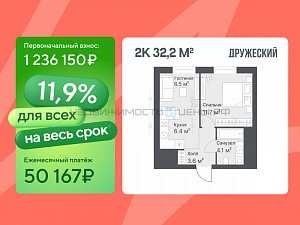 2 комн., 32.2м2, 14/14, Дружеский, Тюмень