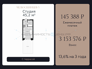 Студия, 45.2м2, 2/9, Челюскинцев 5, Тюмень