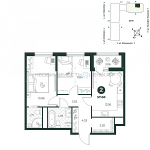2 комн., 57.68м2, 3/18, Игрим, Тюмень