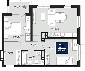 2 комн., 61.65м2, 6/20, Тюмень
