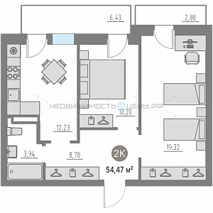 2 комн., 53.6м2, 4/4, Кипрея. Квартиры, Тюмень