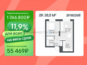 2 комн., 38.5м2, 14/14, Дружеский, Тюмень