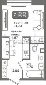 1 комн., 23.35м2, 2/21, Меридиан Слобода, Тюмень