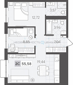 2 комн., 55.58м2, 5/17, Скандиа. Квартал в Комарово Парк, Тюмень