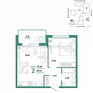 2 комн., 45.38м2, 12/25, Сердце Сибири, Тюмень