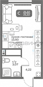 1 комн., 21.22м2, 20/20, Меридиан Слобода, Тюмень