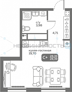 1 комн., 28.39м2, 14/20, Меридиан Слобода, Тюмень