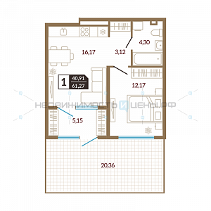 1 комн., 40.91м2, 1/4, Озерный, Тюмень