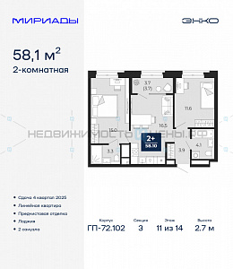 2 комн., 58.1м2, 11/16, Мириады, Тюмень