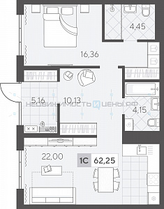1 комн., 62.25м2, 1/17, Скандиа. Квартал в Комарово Парк, Тюмень