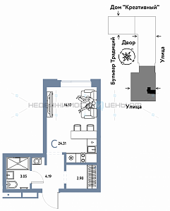 Студия, 24.31м2, 14/15, Домашний, Тюмень