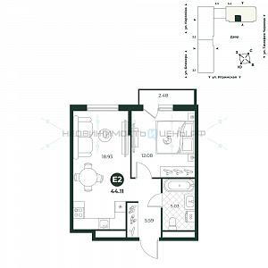 2 комн., 44.11м2, 9/18, Игрим, Тюмень