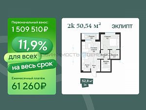 1 комн., 50.54м2, 3/4, Эклипт, Тюмень