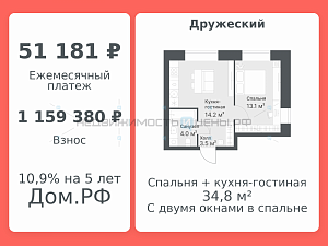 2 комн., 34.8м2, 2/8, Дружеский, Тюмень