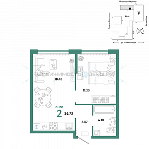 2 комн., 36.73м2, 11/25, Сердце Сибири, Тюмень