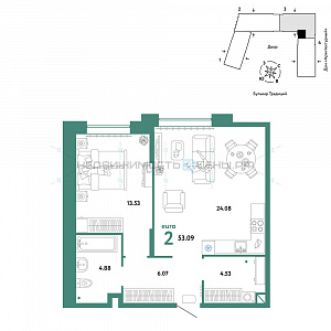 2 комн., 53.09м2, 2/15, Домашний, Тюмень