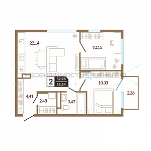 2 комн., 55.24м2, 2/4, Озерный, Тюмень