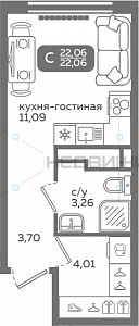 1 комн., 22.06м2, 6/21, Меридиан Слобода, Тюмень