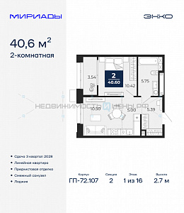 2 комн., 40.6м2, 1/16, Тюмень