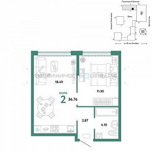2 комн., 36.76м2, 8/25, Сердце Сибири, Тюмень