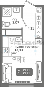 1 комн., 21.21м2, 20/21, Меридиан Слобода, Тюмень