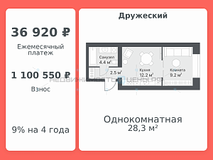 1 комн., 28.3м2, 10/14, Дружеский, Тюмень