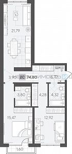 2 комн., 74.8м2, 3/17, Скандиа. Квартал в Комарово Парк, Тюмень