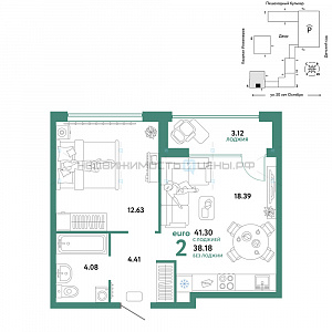 2 комн., 41.3м2, 23/25, Сердце Сибири, Тюмень