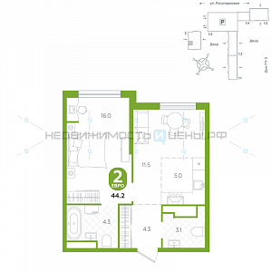 2 комн., 44.2м2, 4/24, Чистые пруды, Тюмень