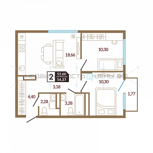 2 комн., 54.37м2, 3/4, Озерный, Тюмень