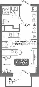 1 комн., 21.29м2, 11/21, Меридиан Слобода, Тюмень