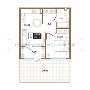 1 комн., 42.05м2, 1/4, Озерный, Тюмень