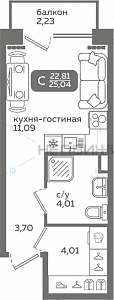 1 комн., 22.81м2, 2/21, Меридиан Слобода, Тюмень