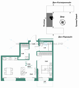 2 комн., 51.93м2, 10/15, Домашний, Тюмень