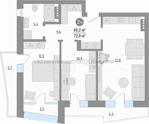 2 комн., 66.3м2, 3/4, Кипрея. Квартиры, Тюмень